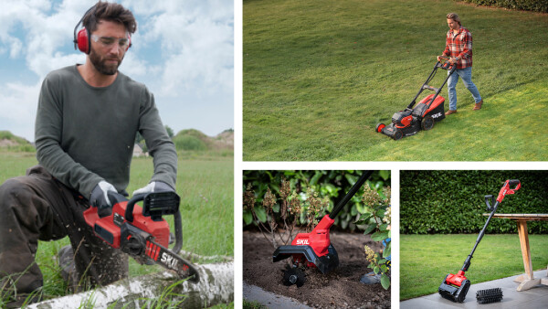 Links: 0541 Kettingzaag, rechtsboven: 0151 Zelfrijdende grasmaaier, linksonder: 0690 Cultivator, rechtsonder: 0680 Terrasreiniger.