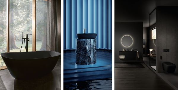 Van links naar rechts: Theano Curved Edition, Artis opzetwastafel in Nightfall, Finion wastafelmeubel All Black en Supreo douche-wc.
