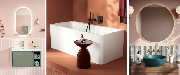 Van links naar rechts: Skyla wastafelmeubel, Subway 3.0 halfvrijstaand bad in mat wit en Artis opzetwastafel in Teal.