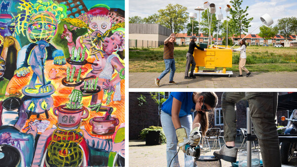 Beeld links: David Bade, WE OK, 2023 Acrylverf op doek, 100 x 120 cm. Collectie Stedelijk Museum Schiedam. Foto door Tom Haartsen. Foto’s rechts door Linsey Kuijpers.