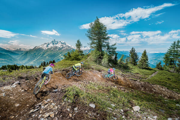 Groep mountainbikers in de bergen.