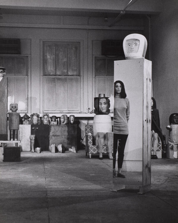 Marisol with several of her sculptures, 1964. Marisol Papers, Buffalo AKG Art Museum. © Estate of Marisol co Pictoright Amsterdam 2026. Photography Nancy Astor
